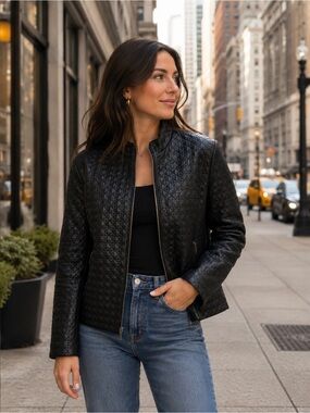 Quilted Black Leather Jacket - Women's Zip Front
